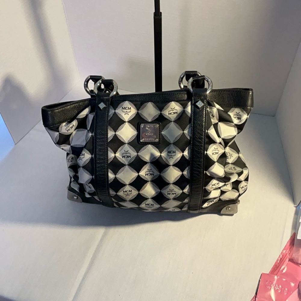 MCM Monochrome Black and White Geometric Nylon ShoulderTote Bag